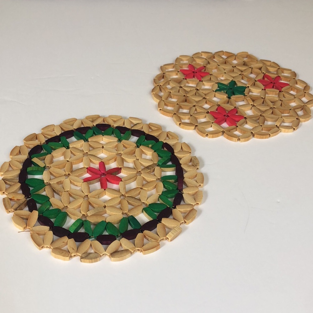 Set of 2 round vintage wooden beaded trivets